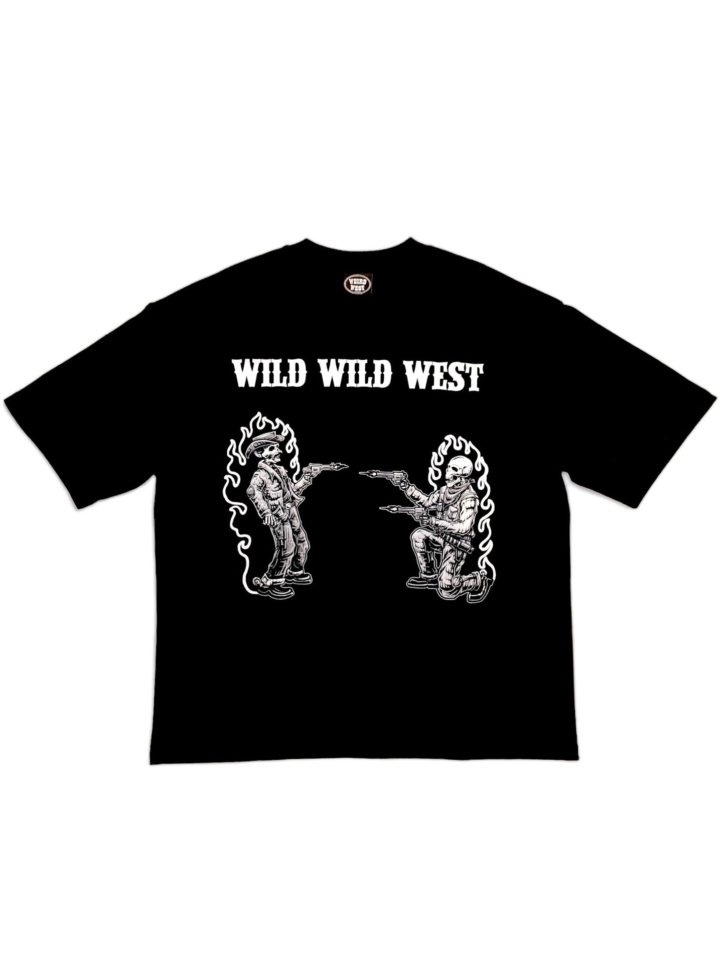 Heavyweight oversized baggy black tshirt made from 100% cotton with wild west themed design with an old school cowboy shootout